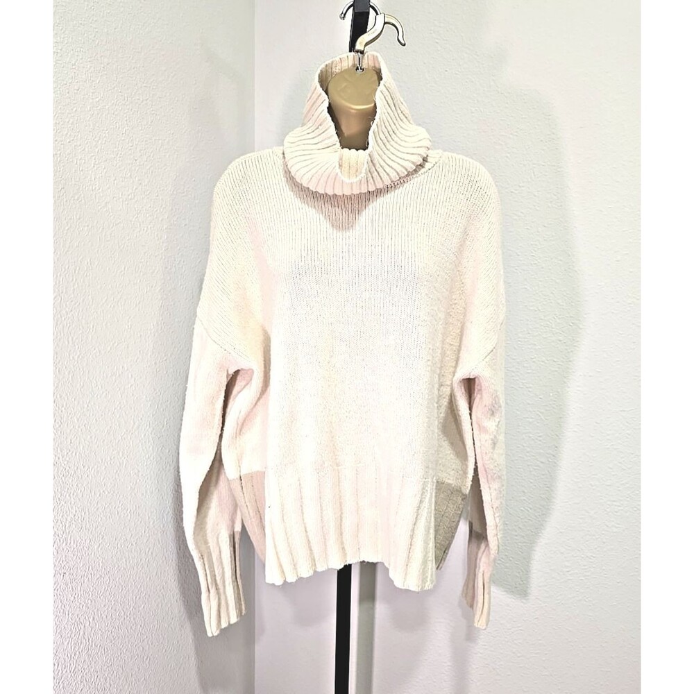 Peace Love World Turtleneck Cream Tan Ribbed Sweater Womens Size Med Minimalist